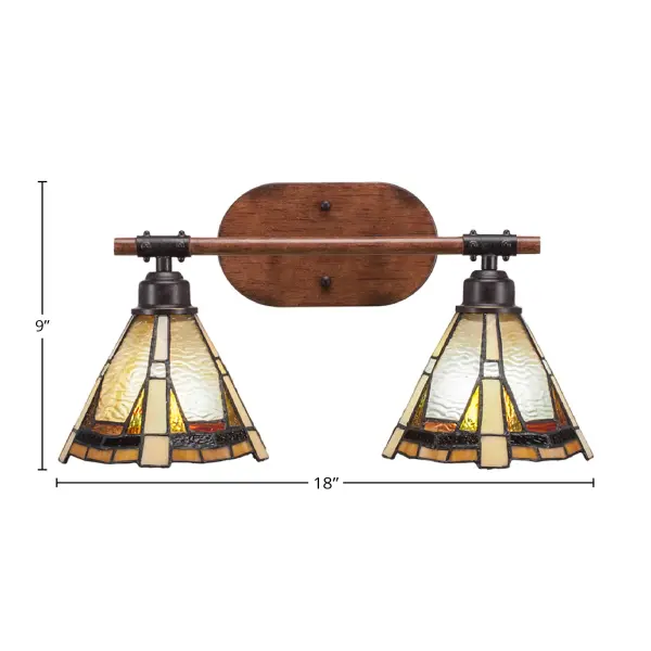 The Blacksmith 2-Light Bath Bar combines painted wood-look metal with dark granite finish and handcrafted Zion art glass shades. Perfect for adding rustic charm to bathrooms, this versatile fixture can mount up or down and accommodates LED bulbs. - alternate view