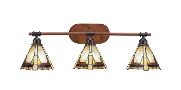 The Blacksmith 3-Light Bath Bar combines rustic charm with practical illumination. Featuring painted wood-look metal in a dark granite finish and stunning Zion art glass shades, this fixture adds character to any bathroom while providing ample lighting.