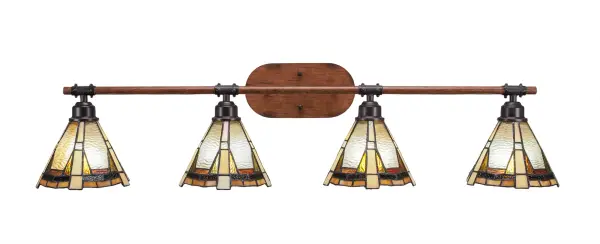 The Blacksmith 4 Light Bath Bar combines rustic charm with practical illumination. Featuring painted wood-look metal paired with dark granite finish and stunning Zion art glass shades, this fixture delivers warm, inviting light perfect for vanity areas.