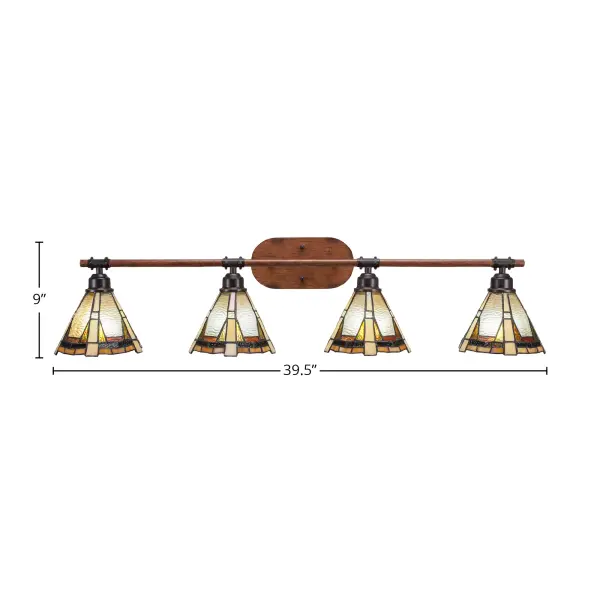 The Blacksmith 4 Light Bath Bar combines rustic charm with practical illumination. Featuring painted wood-look metal paired with dark granite finish and stunning Zion art glass shades, this fixture delivers warm, inviting light perfect for vanity areas. - alternate view