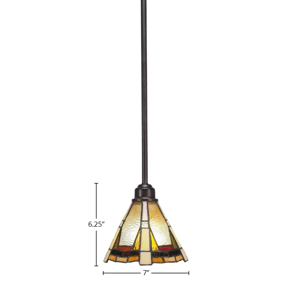 The Blacksmith Mini Pendant combines rustic charm with industrial edge through its painted wood-look metal finish and handcrafted Zion art glass shade. Perfect for compact spaces, it features a hang straight swivel for sloped ceilings. - alternate view