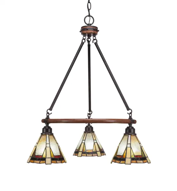 The Blacksmith 3-Light Chandelier combines rustic charm with modern functionality through its painted wood-look metal finish and handcrafted Zion art glass shades. Perfect for intimate dining spaces and entryways.