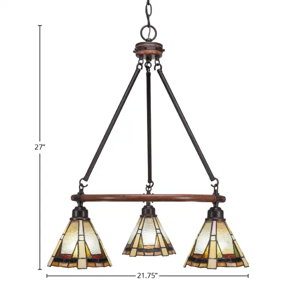 The Blacksmith 3-Light Chandelier combines rustic charm with modern functionality through its painted wood-look metal finish and handcrafted Zion art glass shades. Perfect for intimate dining spaces and entryways. - alternate view