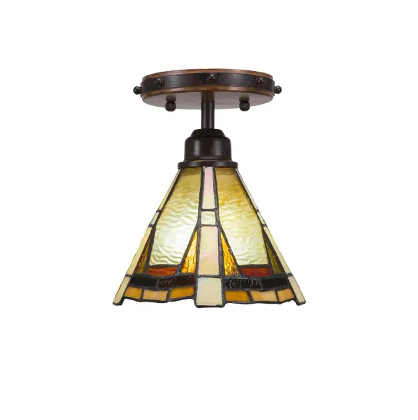 The Blacksmith Semi-Flush combines rustic wood-look metal with dark granite finish and handcrafted Zion art glass. Its compact 7-inch profile makes it ideal for smaller spaces needing character without overwhelming the room.