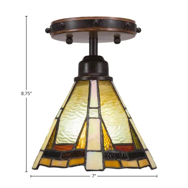 The Blacksmith Semi-Flush combines rustic wood-look metal with dark granite finish and handcrafted Zion art glass. Its compact 7-inch profile makes it ideal for smaller spaces needing character without overwhelming the room. - alternate view