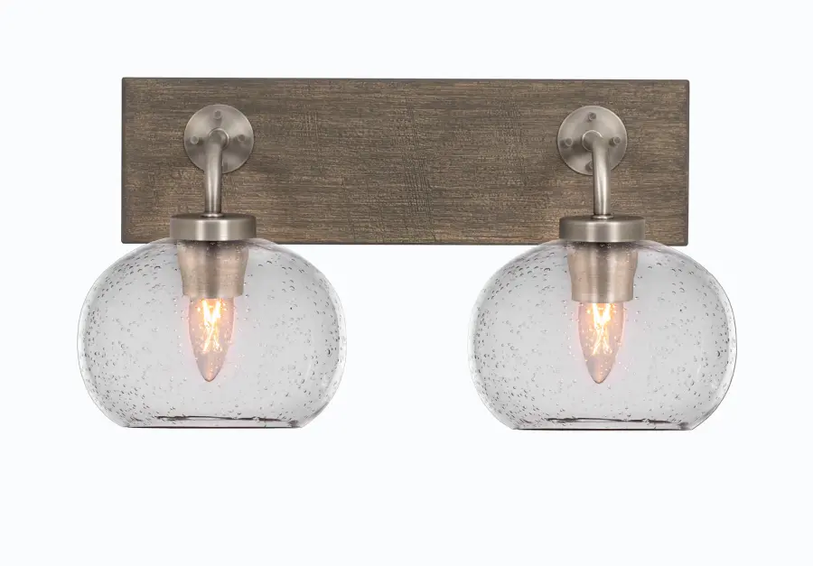 Oxbridge 2 Light Bath Bar in Graphite & Distressed Wood with Clear Bubble Glass - Image 1