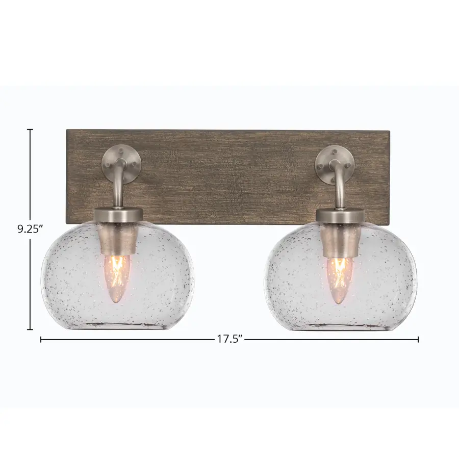 Oxbridge 2 Light Bath Bar in Graphite & Distressed Wood with Clear Bubble Glass - Image 2