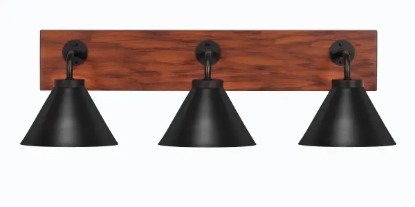 Oxbridge 3 Light Bath Bar in Matte Black with Wood-Look Finish - Image 1