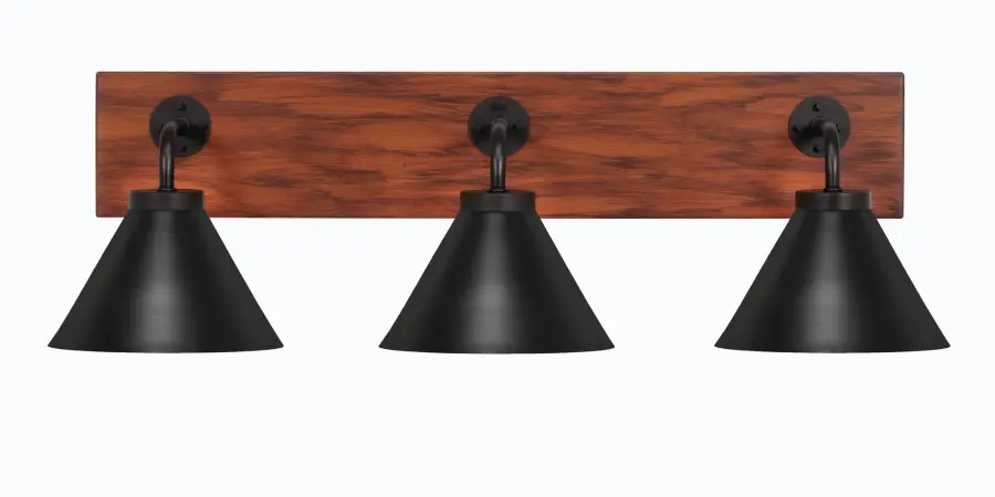 Oxbridge 3 Light Bath Bar in Matte Black with Wood-Look Finish - Image 1