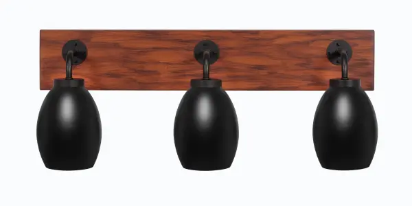 The Oxbridge 3 Light Bath Bar combines matte black metal with painted wood-look accents for a striking industrial-farmhouse aesthetic. Its 25.5-inch width and oval shades provide excellent task lighting for medium to large vanities.