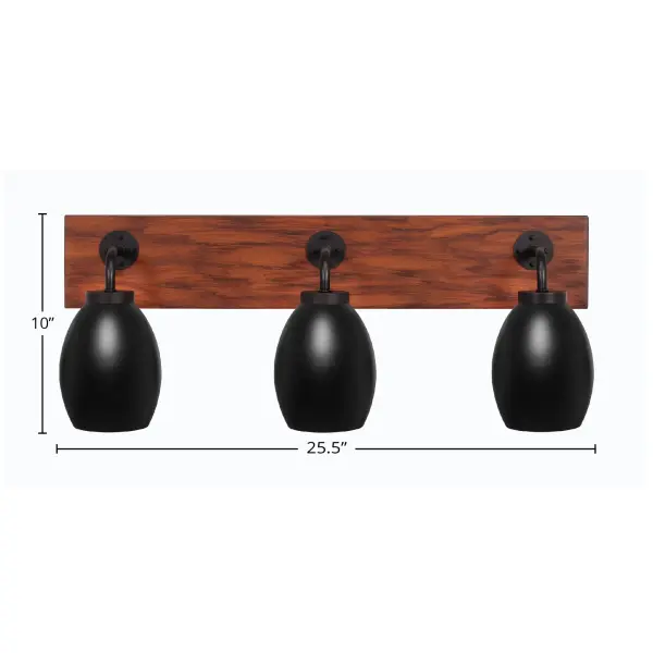 The Oxbridge 3 Light Bath Bar combines matte black metal with painted wood-look accents for a striking industrial-farmhouse aesthetic. Its 25.5-inch width and oval shades provide excellent task lighting for medium to large vanities. - alternate view