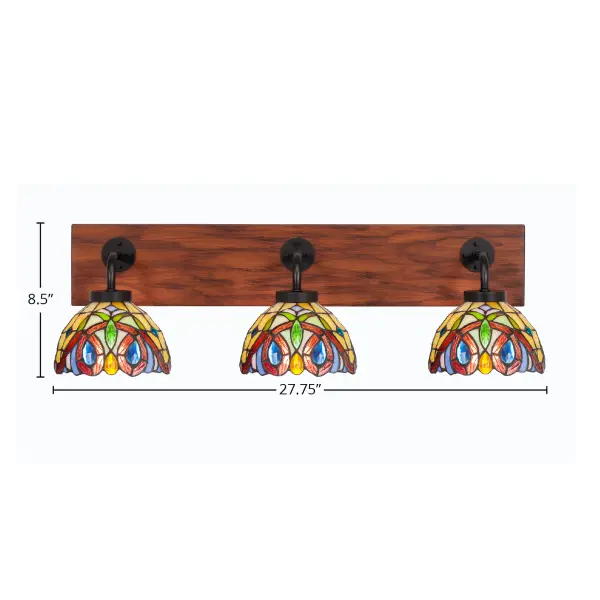 The Oxbridge 3-Light Bath Bar masterfully blends industrial design with rustic warmth through its matte black and wood-look finish. The Lynx art glass shades provide beautiful diffused lighting perfect for vanity applications. - alternate view
