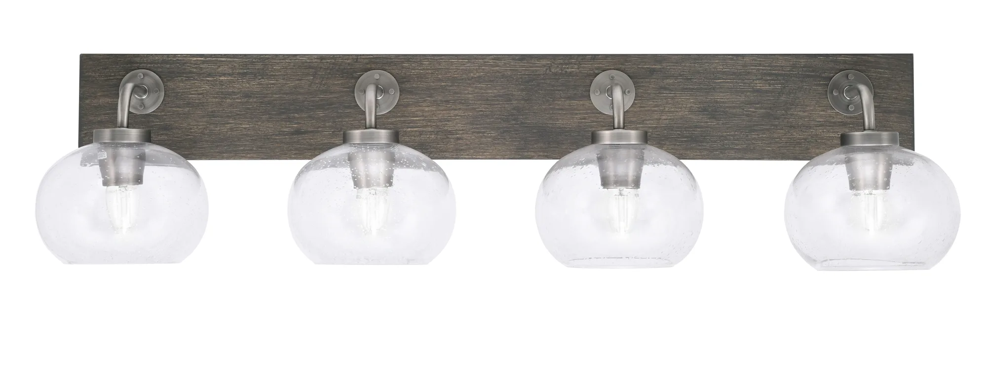 Oxbridge 4 Light Bath Bar in Graphite & Distressed Wood with Clear Bubble Glass