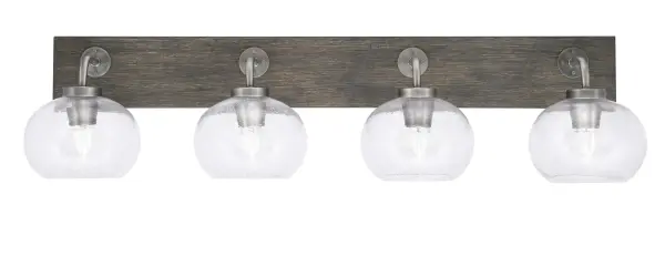 Oxbridge 4 Light Bath Bar in Graphite & Distressed Wood with Clear Bubble Glass - Image 1