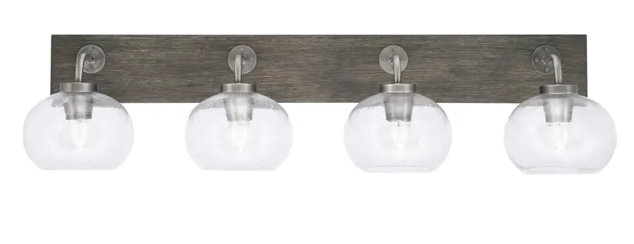 Oxbridge 4 Light Bath Bar in Graphite & Distressed Wood with Clear Bubble Glass - Image 1