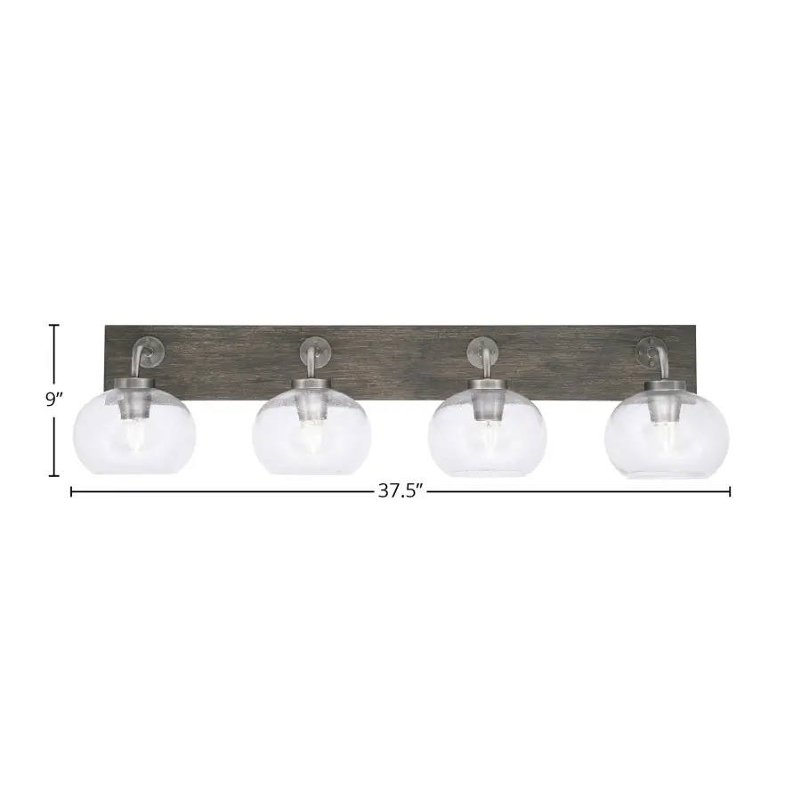 Oxbridge 4 Light Bath Bar in Graphite & Distressed Wood with Clear Bubble Glass - Image 2
