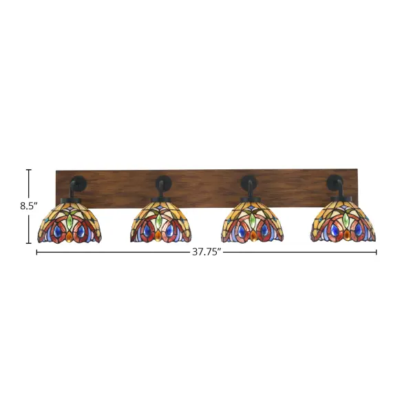 The Oxbridge 4-Light Bath Bar combines matte black metal with painted wood-look accents and Lynx art glass shades for a sophisticated industrial aesthetic. At nearly 38 inches wide, it provides ample illumination for larger vanities. - alternate view