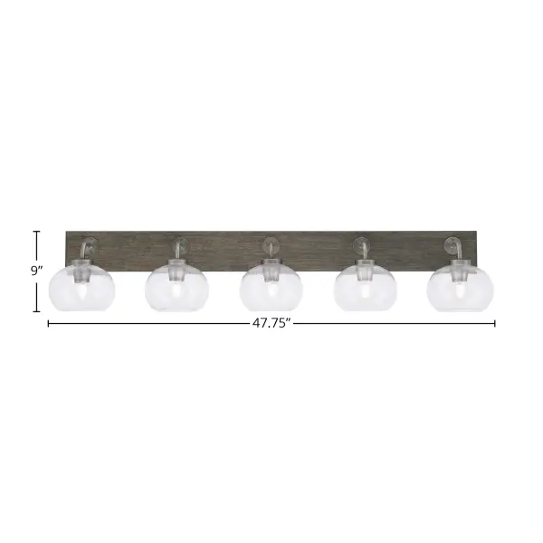 Oxbridge 5-Light Bath Bar in Graphite & Distressed Wood with Clear Bubble Glass - Image 2