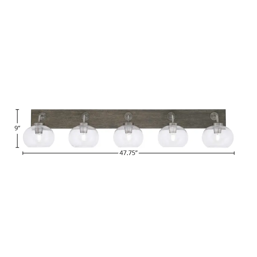 Oxbridge 5-Light Bath Bar in Graphite & Distressed Wood with Clear Bubble Glass - Image 2