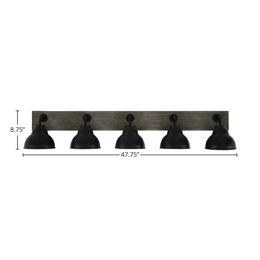 Oxbridge 5 Light Bath Bar in Matte Black & Distressed Wood - Image 2