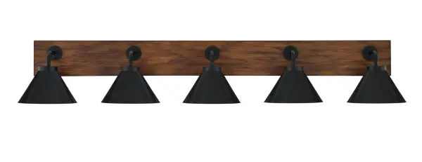 The Oxbridge bath bar combines matte black metal with painted wood-look accents for a modern industrial aesthetic. Five cone shades provide ample task lighting across 47.5 inches, perfect for double vanities.