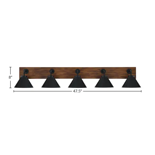 The Oxbridge bath bar combines matte black metal with painted wood-look accents for a modern industrial aesthetic. Five cone shades provide ample task lighting across 47.5 inches, perfect for double vanities. - alternate view