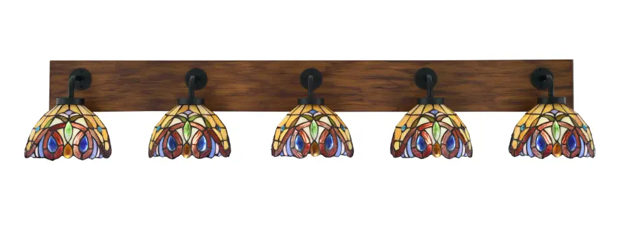 Oxbridge 5 Light Bath Bar in Matte Black & Wood-Look with Lynx Art Glass - Image 1