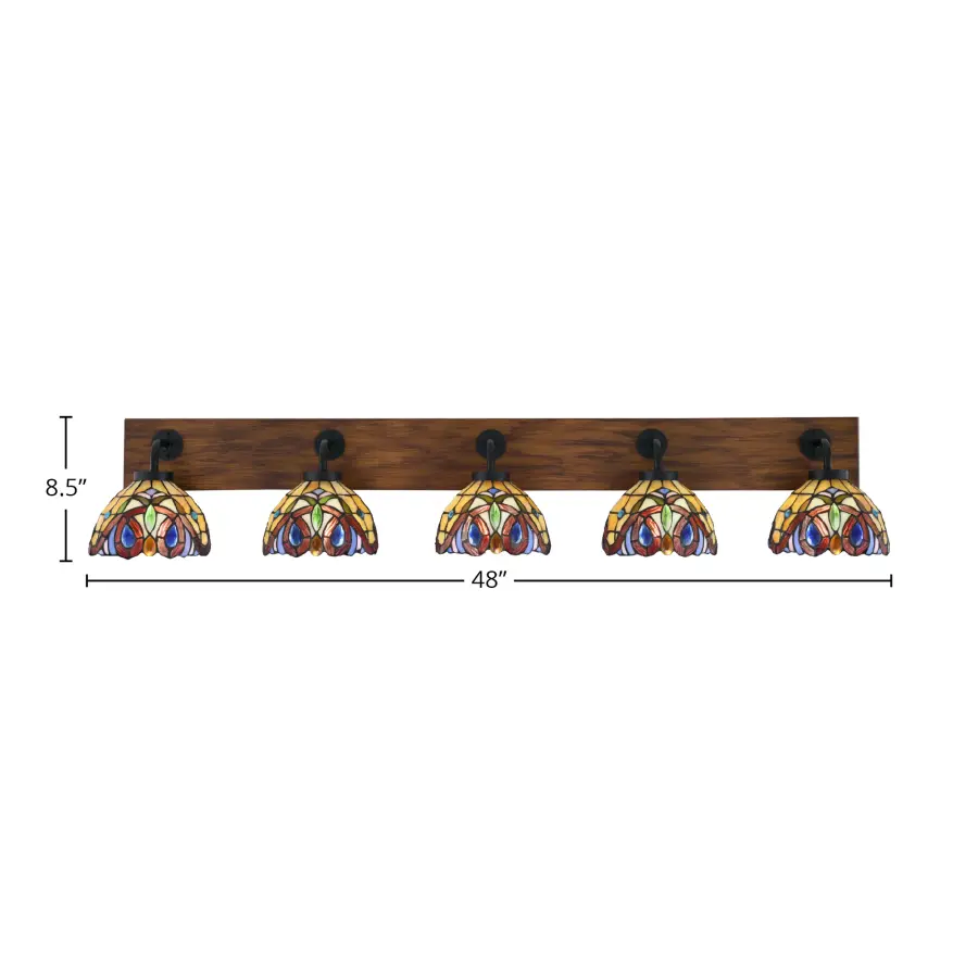 Oxbridge 5 Light Bath Bar in Matte Black & Wood-Look with Lynx Art Glass - Image 2
