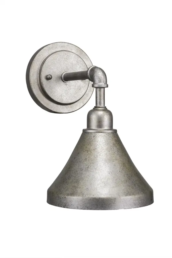 This compact wall sconce combines vintage charm with industrial styling through its aged silver finish and cone metal shade. The adjustable up or down mounting offers flexibility, while the dimmable feature allows mood control.