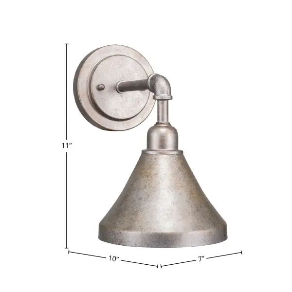 This compact wall sconce combines vintage charm with industrial styling through its aged silver finish and cone metal shade. The adjustable up or down mounting offers flexibility, while the dimmable feature allows mood control. - alternate view