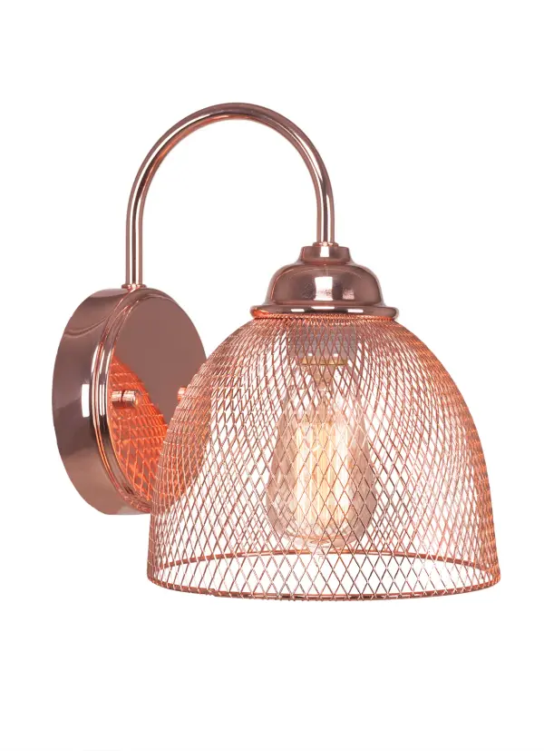 The Plexus Wall Sconce combines industrial styling with warm copper finish and amber antique bulb for a cozy, sophisticated ambiance. Compact at 7" wide, it's perfect for hallways, bathrooms, and accent lighting.