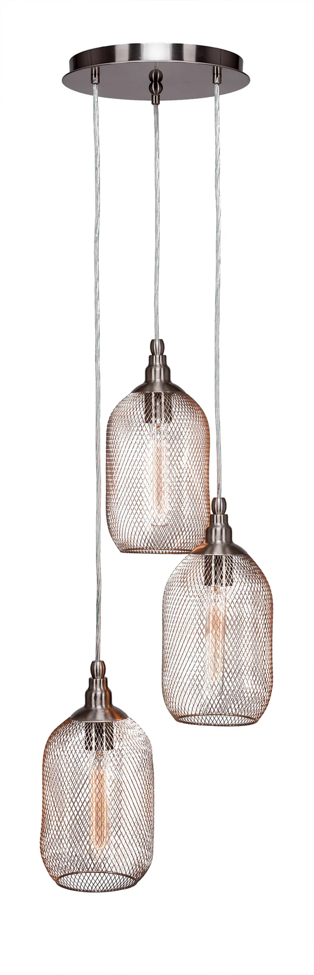 Plexus 3 Light Cord Hung Cluster Pendalier Shown In Brushed Nickel Finish With Amber Antique Bulbs