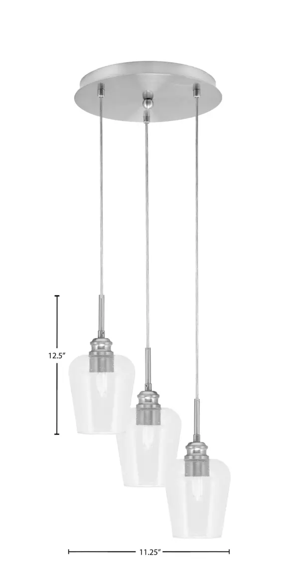 The Array 3-Light Cluster Pendant combines contemporary style with practical versatility. Its brushed nickel finish and clear bubble glass shades create visual interest while the adjustable cord system allows customization for various ceiling heights. - alternate view