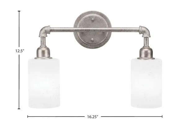 The Vintage 2 Light Bath Bar combines classic aged silver finish with soft white muslin glass for warm, diffused lighting. Its reversible mounting and traditional design make it perfect for both modern and classic bathrooms. - alternate view