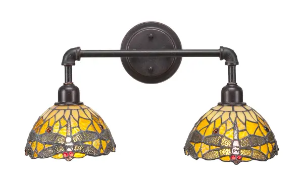 Vintage 2 Light Bath Bar with Amber Dragonfly Art Glass