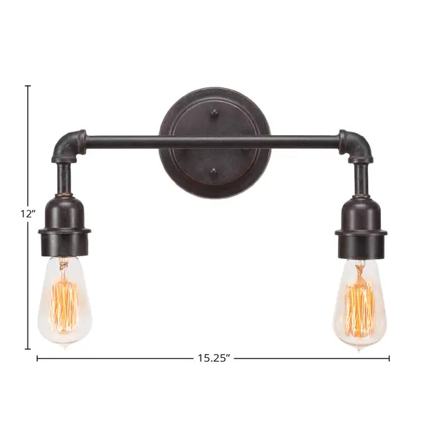 The Vintage 2 Light Bath Bar combines industrial charm with practical functionality. Its Dark Granite finish and amber antique bulbs create a warm, inviting atmosphere perfect for bathrooms and powder rooms. - alternate view