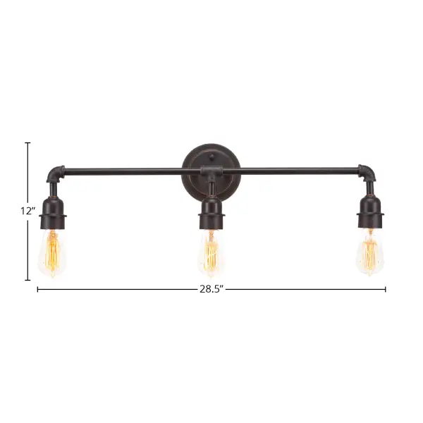 This 3-light bath bar combines industrial charm with vintage elegance. The dark granite finish and amber antique bulbs create a warm, inviting atmosphere perfect for bathrooms seeking character and timeless style. - alternate view