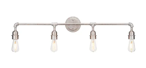 This 4-light bath bar combines timeless industrial design with energy-efficient LED technology. The aged silver finish and clear antique bulbs create warm, inviting illumination perfect for bathrooms and vanity areas.