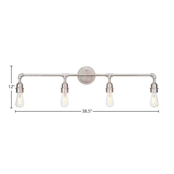 This 4-light bath bar combines timeless industrial design with energy-efficient LED technology. The aged silver finish and clear antique bulbs create warm, inviting illumination perfect for bathrooms and vanity areas. - alternate view