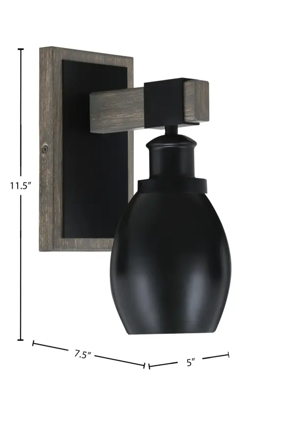 The Tacoma Wall Sconce blends modern industrial style with rustic charm through its matte black and distressed wood-look metal finish. Compact at 5" wide, it provides warm ambient lighting perfect for hallways, bedrooms, and living spaces. - alternate view
