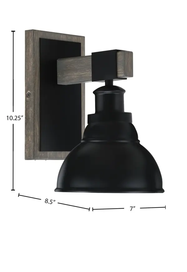 The Tacoma Wall Sconce combines industrial style with rustic warmth through its matte black finish and distressed wood-look metal accents. The distinctive double bubble shade creates visual interest while the flexible mounting options allow customization. - alternate view