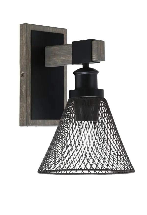The Tacoma Wall Sconce delivers industrial style with its matte black finish and distinctive mesh metal cone shade. The distressed wood-look metal adds farmhouse warmth, while the up-or-down mounting flexibility provides versatile lighting options.