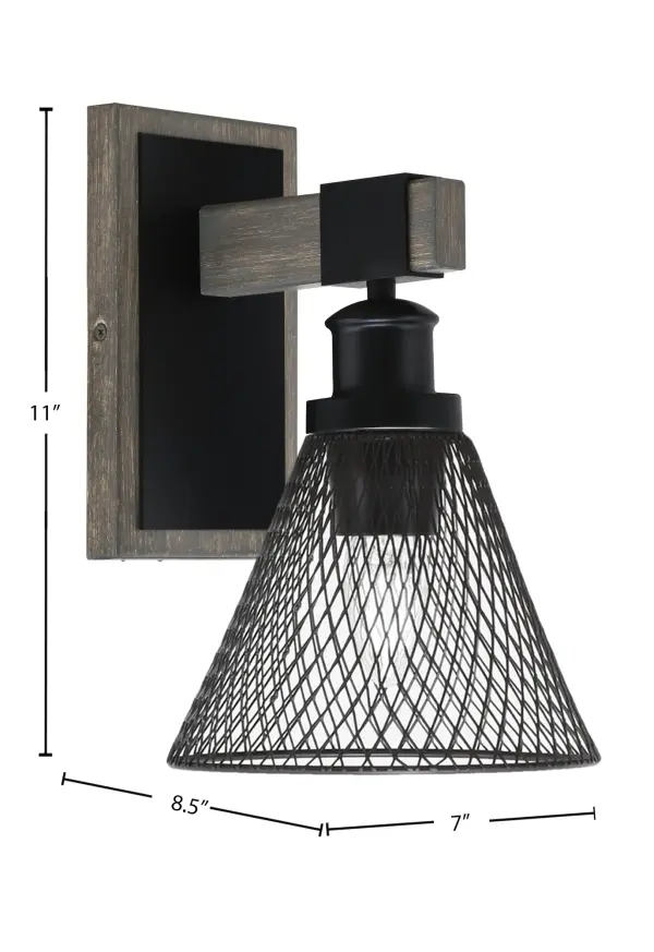 The Tacoma Wall Sconce delivers industrial style with its matte black finish and distinctive mesh metal cone shade. The distressed wood-look metal adds farmhouse warmth, while the up-or-down mounting flexibility provides versatile lighting options. - alternate view
