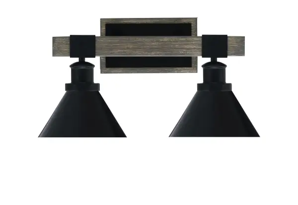 The Tacoma 2-Light Bath Bar combines sleek matte black metal with distressed wood-look detailing for an industrial-farmhouse aesthetic. Compact 17.5" width fits most bathroom vanities while cone shades direct light perfectly.