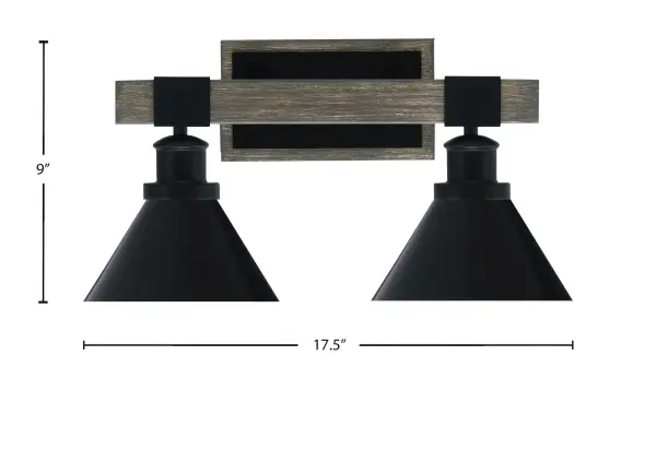 The Tacoma 2-Light Bath Bar combines sleek matte black metal with distressed wood-look detailing for an industrial-farmhouse aesthetic. Compact 17.5" width fits most bathroom vanities while cone shades direct light perfectly. - alternate view