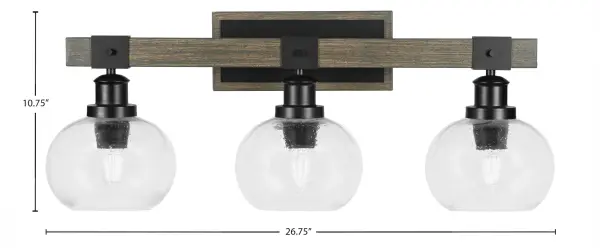 The Tacoma 3-Light Bath Bar combines matte black metal with distressed wood-look accents and clear bubble glass shades for a perfect blend of farmhouse charm and industrial edge. Ideal for bathrooms seeking character and warmth. - alternate view