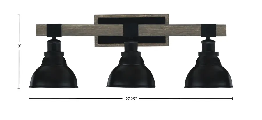 Tacoma 3-Light Bath Bar in Matte Black & Distressed Wood - Image 2