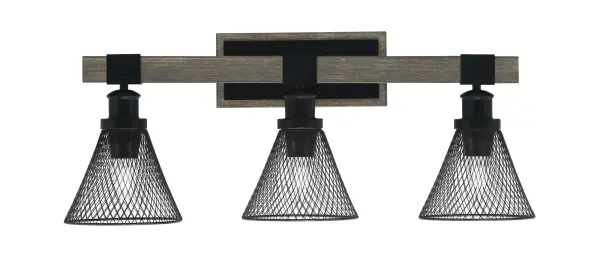 The Tacoma 3-Light Bath Bar combines matte black metal with distressed wood-look accents for a striking industrial-farmhouse aesthetic. Features mesh cone shades and flexible up/down mounting for customizable bathroom lighting.