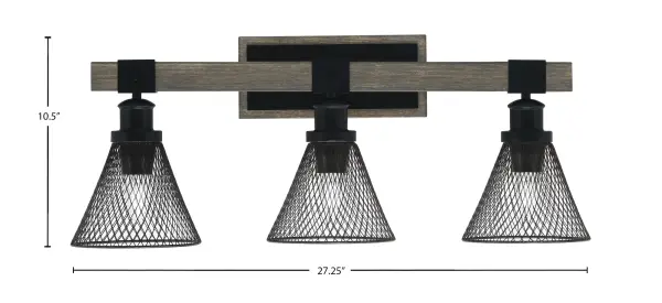 The Tacoma 3-Light Bath Bar combines matte black metal with distressed wood-look accents for a striking industrial-farmhouse aesthetic. Features mesh cone shades and flexible up/down mounting for customizable bathroom lighting. - alternate view
