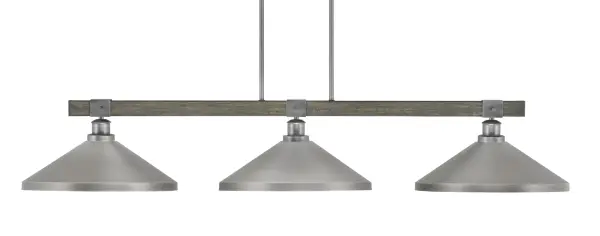 The Tacoma 3-Light Bar combines industrial metal shades with distressed wood-look accents for a distinctive farmhouse-industrial aesthetic. Its 53.75-inch length makes it perfect for kitchen islands and dining tables, while adjustable hanging height ensures versatility.